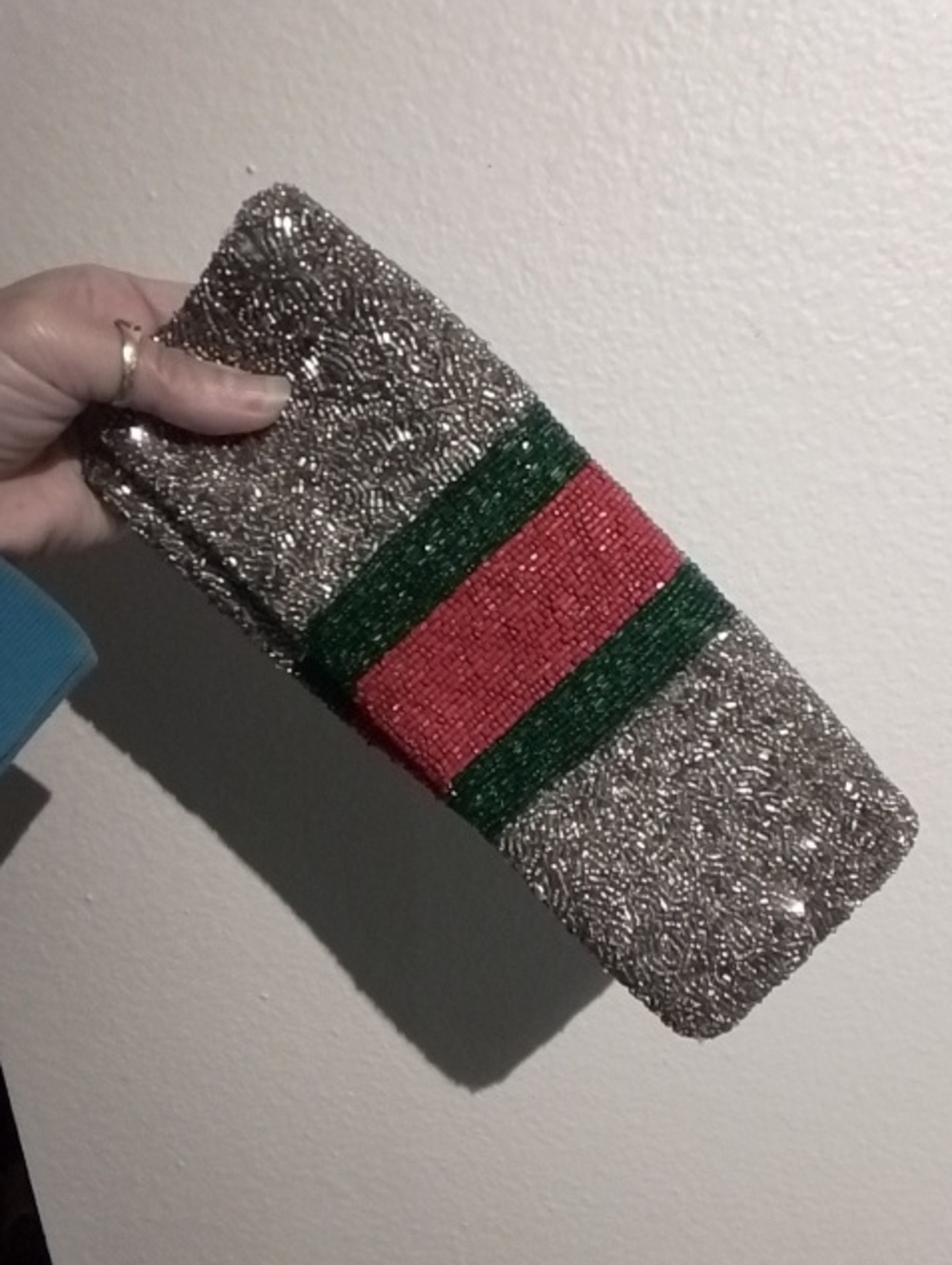 Tiana Hand Beaded Metallic Silver Clutch Bag Green Red Silver